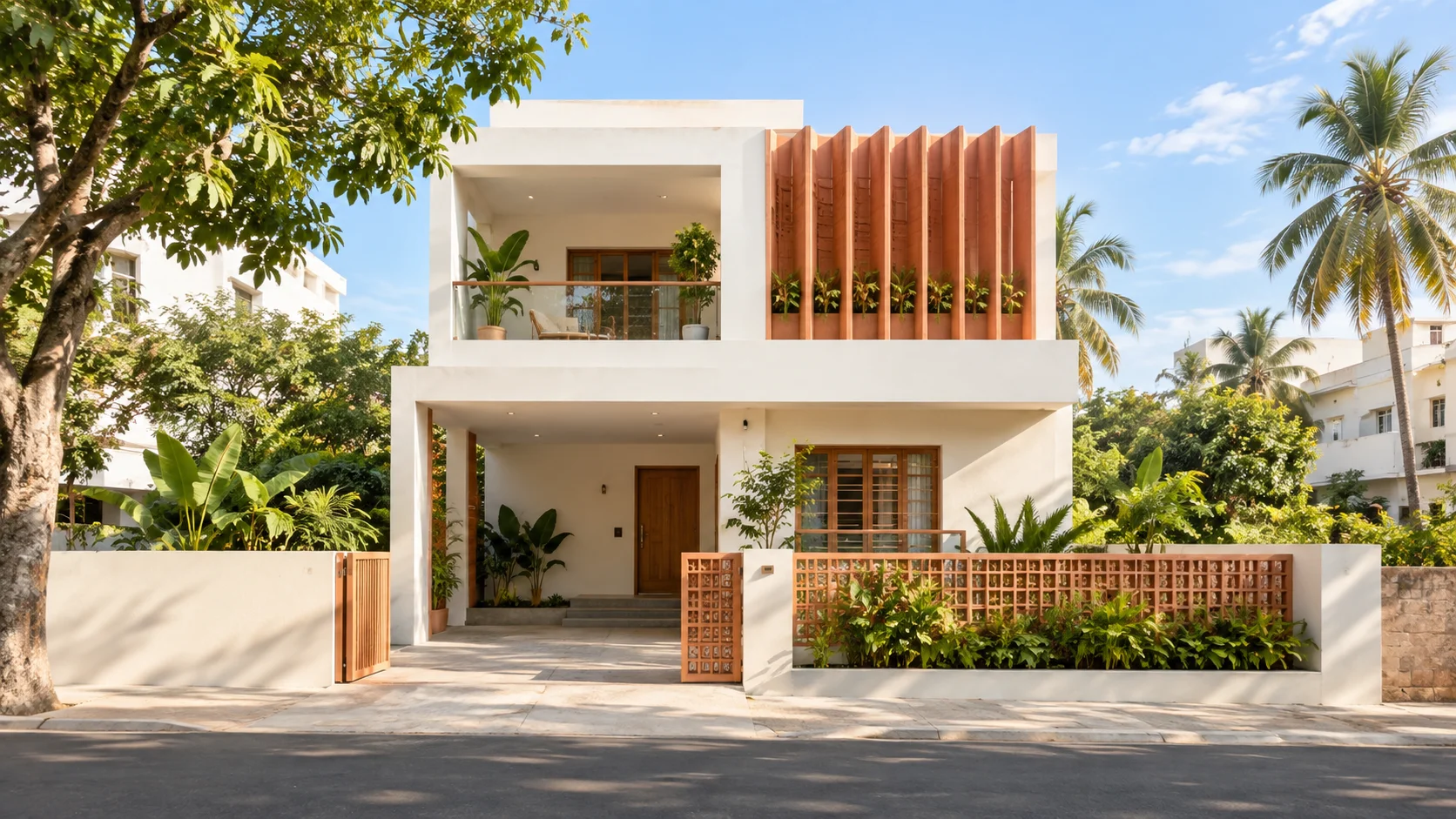 White modern villa with tropical garden
